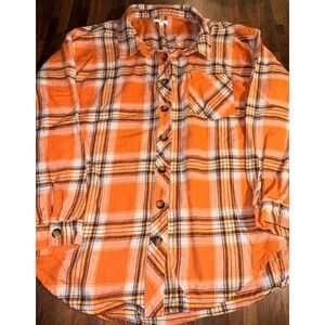 Maurices Women Orange Plaid Flannel Button Down Shirt XL Long Sleeve Pocket Top